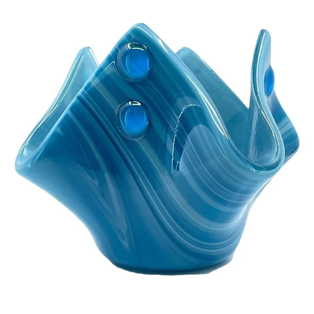 Blue Swirl Art Glass Handkerchief Vase Candle Holder Glass‎ MCM Vintage